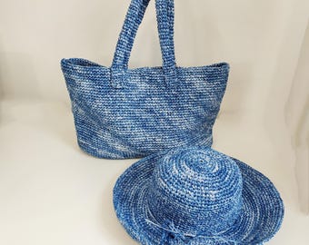 Wide Brim Straw Sun Hat & Tote Bag Set: Floral Ribbon Beach  display picture 1