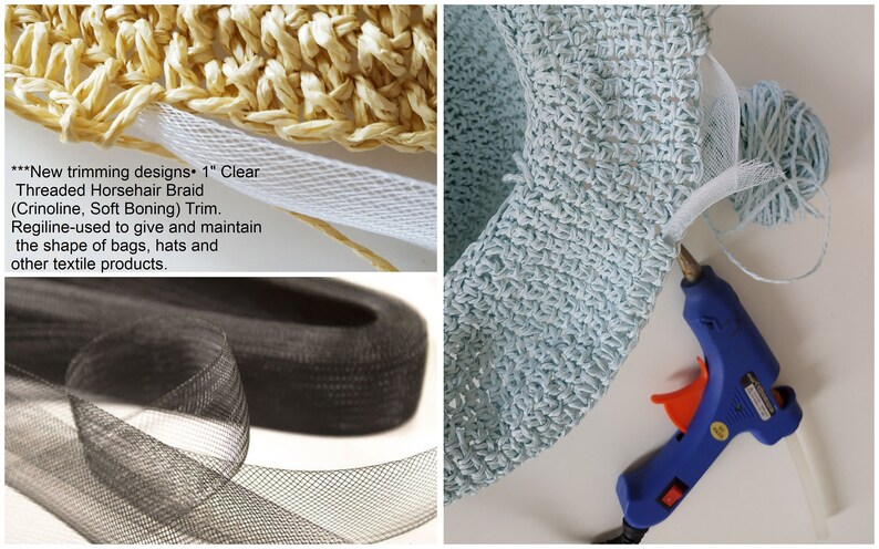 May include: Close-up of a white, clear, and black horsehair braid trim. The trim is used to give and maintain the shape of bags, hats, and other textile products. The text "New trimming designs 1" Clear Threaded Horsehair Braid (Crinoline, Soft Boning) Trim. Regiline-used to give and maintain the shape of bags, hats and other textile products." is visible in the image.