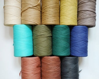 May include: Assortment of 12 spools of paper twine in various colors, including beige, brown, green, blue, teal, and black.