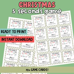 Puede incluir: Un juego de Navidad imprimible con más de 70 cartas. Cada carta tiene una pregunta que pide a los jugadores que nombren 3 cosas relacionadas con la Navidad en 5 segundos. Las cartas tienen un fondo a rayas verde y blanco con una cadena de luces navideñas.