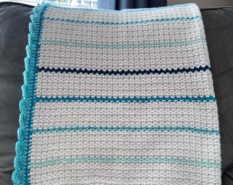 Craching Waves Blue And White Crocheted Baby Blanket