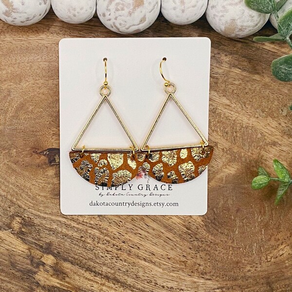 Genuine leather cinnamon and gold cheetah print triangle boho earrings teacher gift mothers day present