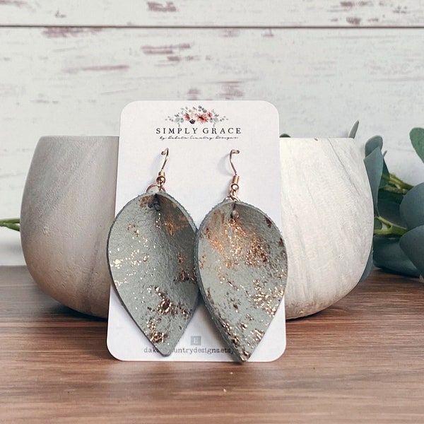 Rose gold and gray genuine leather pinched leaf petal earrings teacher gift mothers day present