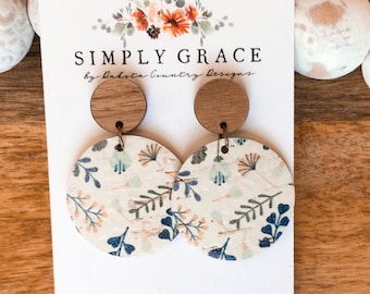 Boucles d'oreilles bohème cercle floral en cuir de liège véritable et bois cadeau pour enseignant cadeau fête des mères cadeau d'anniversaire