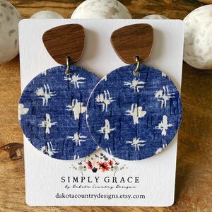 Genuine cork leather and wood blue and white motif round boho stud earrings teacher gift mothers day present birthday gift