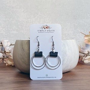 Silver double round hoop with black leather strap boho earrings teacher gift mothers day present