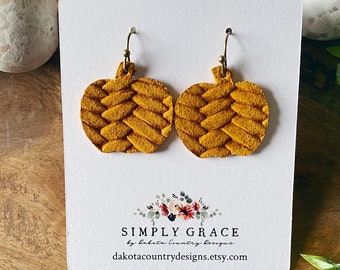 Genuine leather braided mustard mini pumpkin fall thanksgiving boho earrings