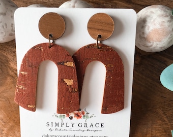 Genuine cork leather and wood arch boho rust stud earrings