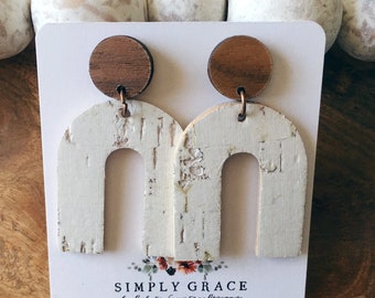 Genuine cork leather and wood arch white stud earrings teacher gift mothers day present