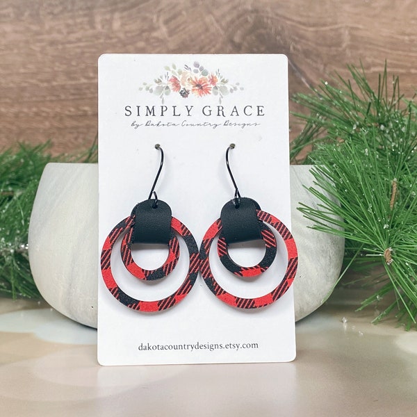 Red and black buffalo plaid wood double hoop leather strap boho earrings teacher gift mothers day present christmas gift