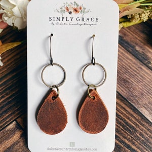 Cognac brown distressed genuine cowhide leather and antique bronze hoop mini teardrop earrings