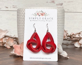 Ruby red genuine leather knot tied boho earrings teacher gift mothers day present