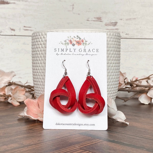 Ruby red genuine leather knot tied boho earrings teacher gift mothers day present