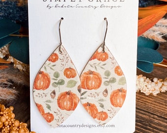 Pumpkin autumn genuine leather petal shape fall autumn earrings teacher gift