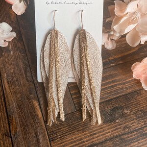 White speckled and gold genuine leather fringe feather boho earrings teacher gift mothers day present birthday gift