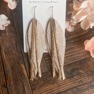 White speckled and gold genuine leather fringe feather boho earrings teacher gift mothers day present