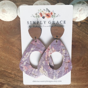 Genuine cork leather and wood purple floral geometric triangle boho earrings teacher gift mothers day present birthday gift