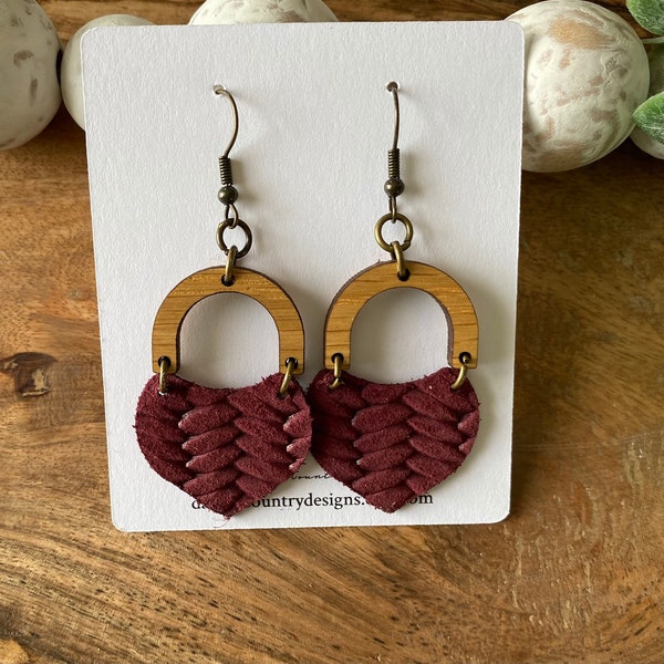 Burgandy embossed leather and wood mini heart and arch boho earrings teacher gift mothers day present