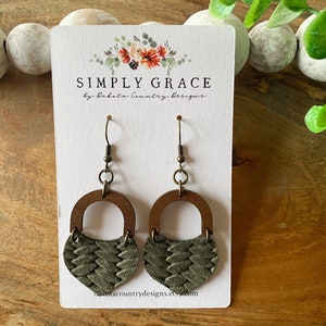 Genuine braided olive green leather and wood mini heart and arch boho earrings teacher gift mothers day present birthday gift