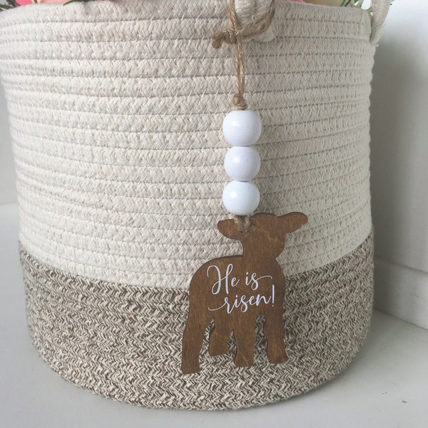 Farmhouse boho wood easter basket He is risen lamb tags