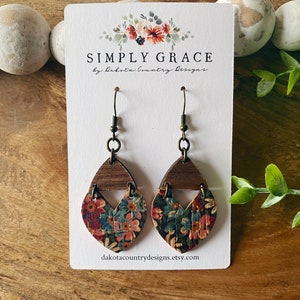 Genuine cork leather and wood floral leaf triangle boho earrings teacher gift mothers day present