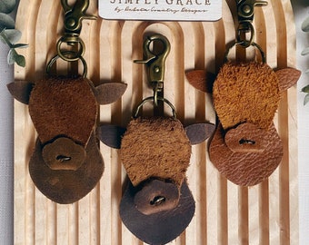 Leren sleutelhanger Highland Cow: antiek bronzen tasbedel