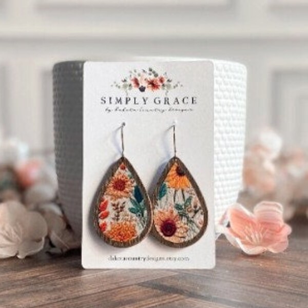 Genuine leather and wood embroidery fall sunflower floral teardrop boho earrings teacher gift mothers day present