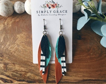 Genuine Leather fringe feather camel teal and striped boho earrings teacher gift mothers day present