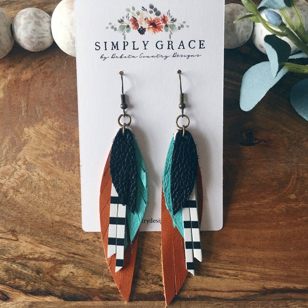 Genuine Leather fringe feather camel teal and striped boho earrings teacher gift mothers day present
