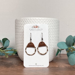 Hammered round hoop with leather strap boho earrings teacher gift mothers day present birthday gift