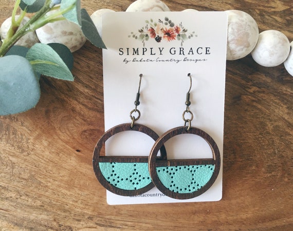 Genuine cork leather and wood round spring robin's egg blue swiss dot boho earrings teacher gift mothers day present birthday gift