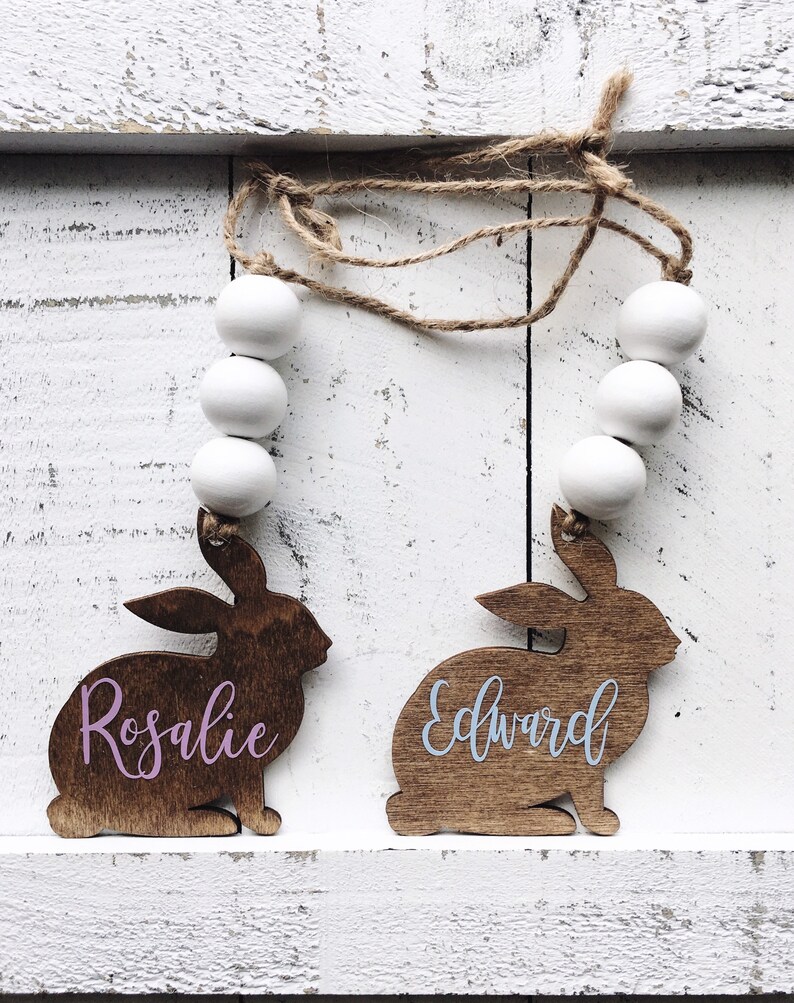 Farmhouse boho wood easter basket bunny personalized tags image 5