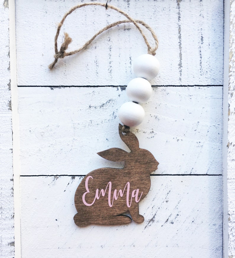 Farmhouse boho wood easter basket bunny personalized tags image 8