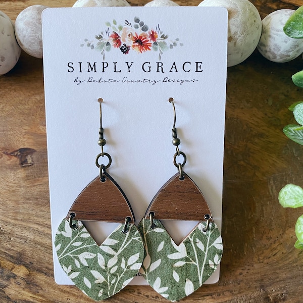 Genuine cork leather and wood olive and white willow leaf triangle boho earrings teacher gift mothers day present
