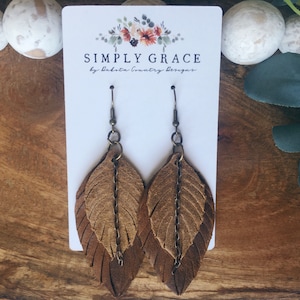 Genuine Leather feather leaf boho earrings teacher gift mothers day present birthday gift