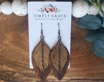 Pendientes de hojas de cuero auténtico: Pendientes colgantes de plumas estilo boho