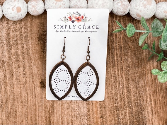 Genuine cork leather and wood white swiss dot petal leaf boho earrings teacher gift mothers day present birthday gift