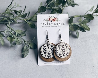 Boho Leather and Wood Circle Earrings: Lightweight Dangle Earrings