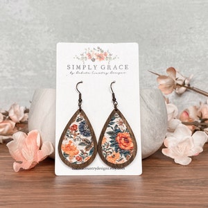 Genuine leather and wood embroidery fall floral teardrop boho earrings teacher gift mothers day present
