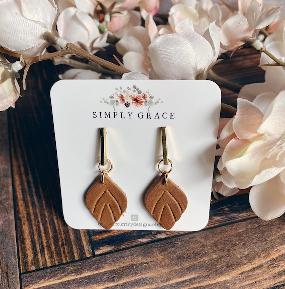 Saddle Brown Genuine Leather Embossed Mini Leaf and Gold Bar Boho