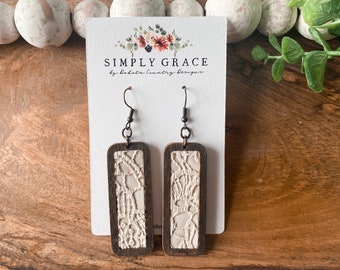 White lace leather and wood bar boho earrings teacher gift mothers day present