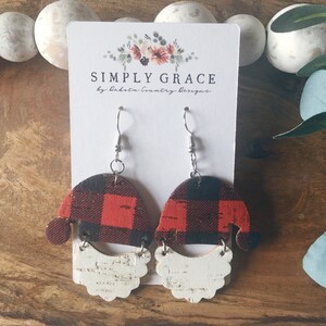 Christmas buffalo plaid red and black Santa genuine cork leather boho earrings