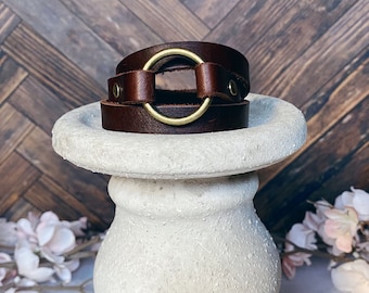 Genuine leather strap & o ring wrap bracelet boho style modern minimalist christmas gift teacher appreciation mothers day present