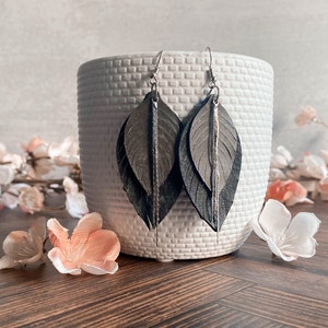 Genuine Leather feather leaf gray and silver boho earrings teacher gift mothers day present birthday gift