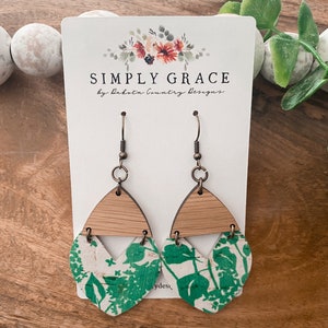 Genuine cork leather and wood white and green summer triangle boho earrings teacher gift mothers day present birthday gift