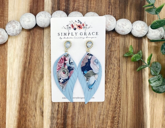 Genuine Leather Fringe Feather Sky Blue and Floral Boho Stud