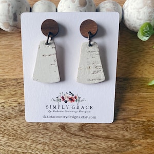 Genuine cork leather and wood mini distressed white boho stud earrings teacher gift mothers day present birthday gift