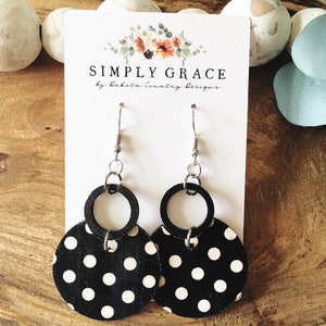 Genuine cork leather and wood black and white polka dot boho hoop earrings teacher gift mothers day present birthday gift