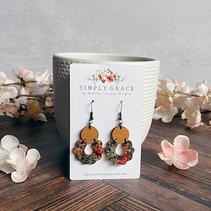 Genuine cork leather and wood floral mini scalloped boho earrings teacher gift mothers day present birthday gift