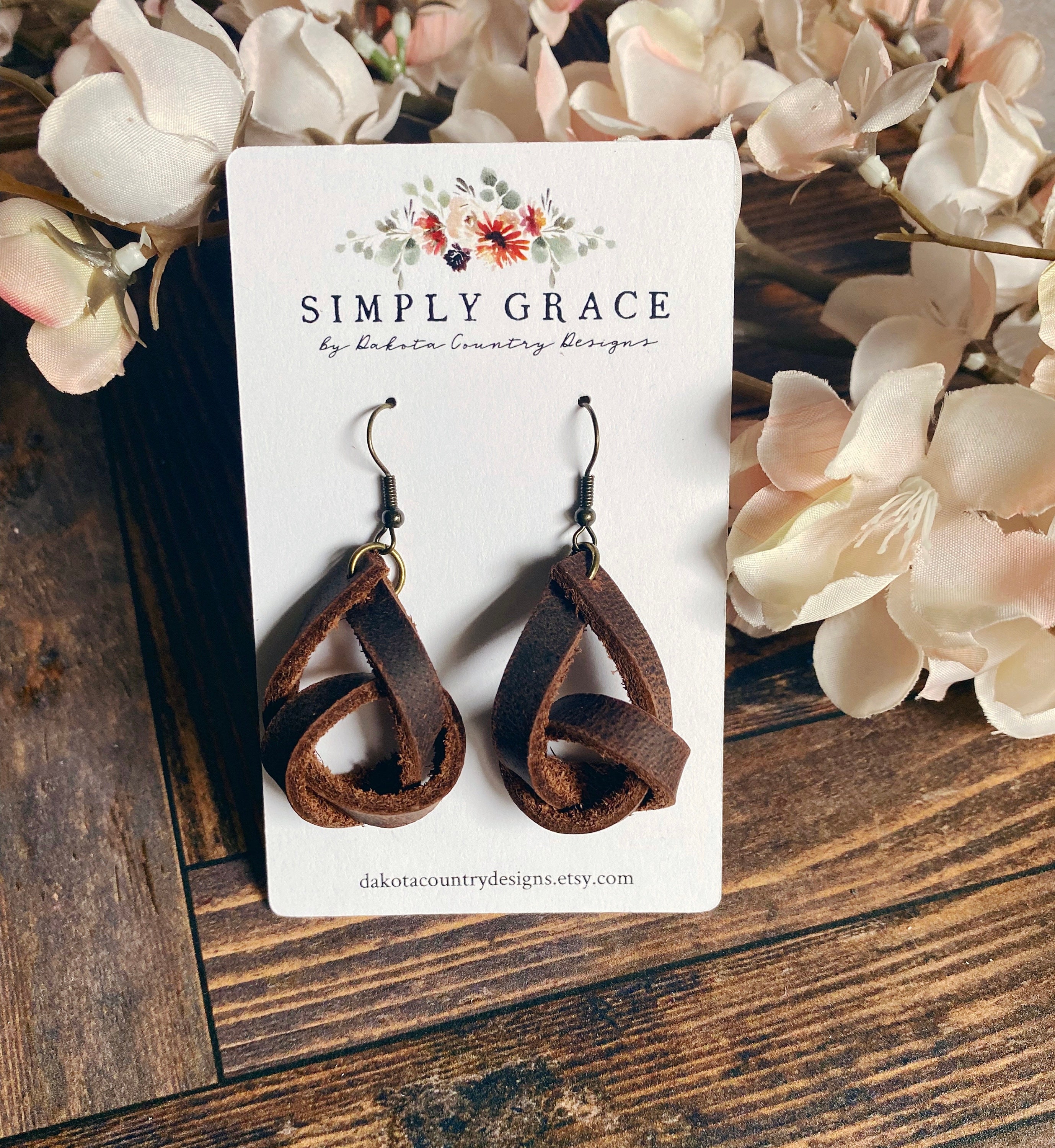 Cognac Brown Leather Knot Earrings: Boho Style